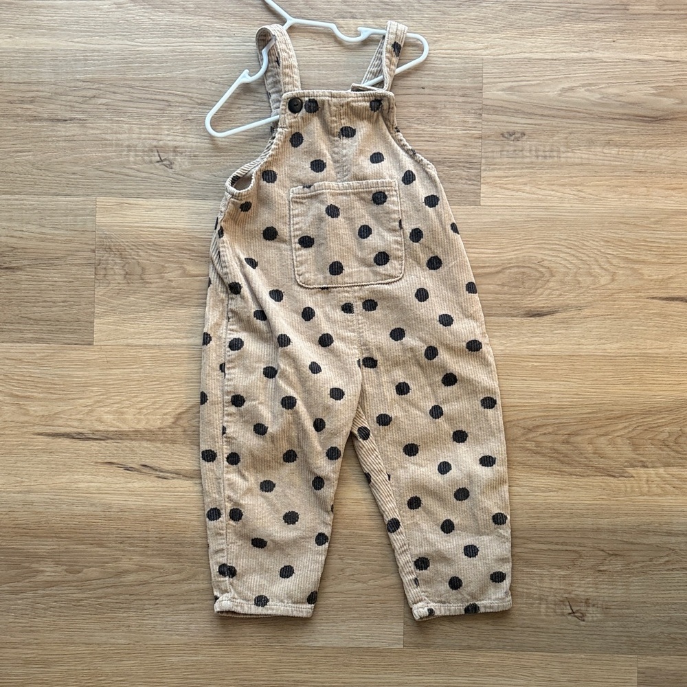 Zara Kids Tan Overalls with Black Polka Dots